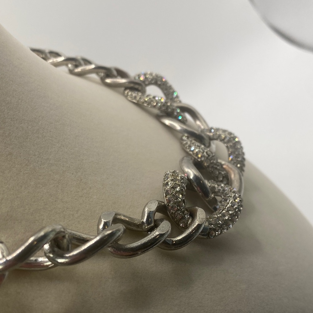 Elegant Heavy Silver Tone Clear Rhinestone Statement Chain Necklace - Picture 3 of 9